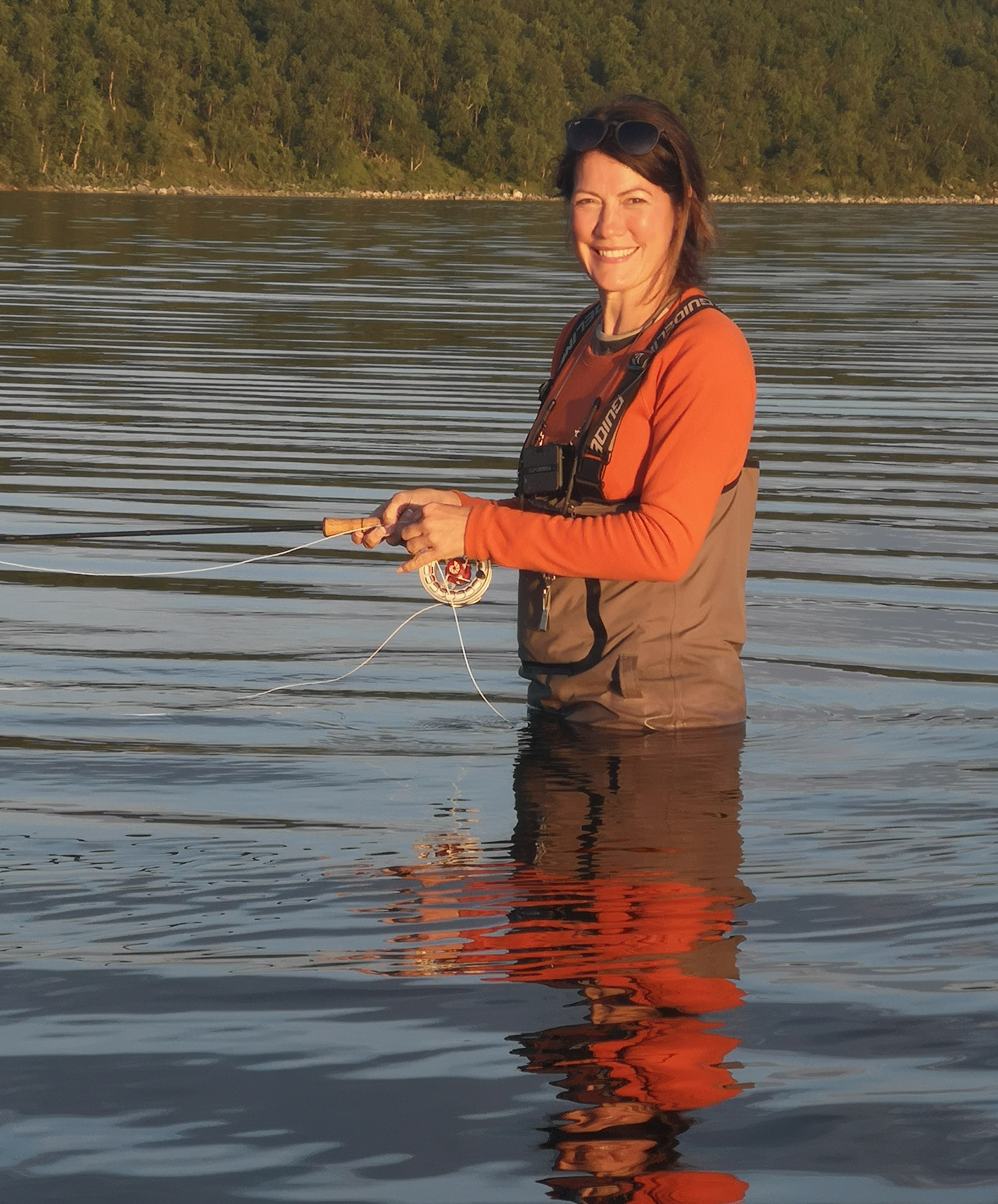 Petra wading and fishing Boris' new gear