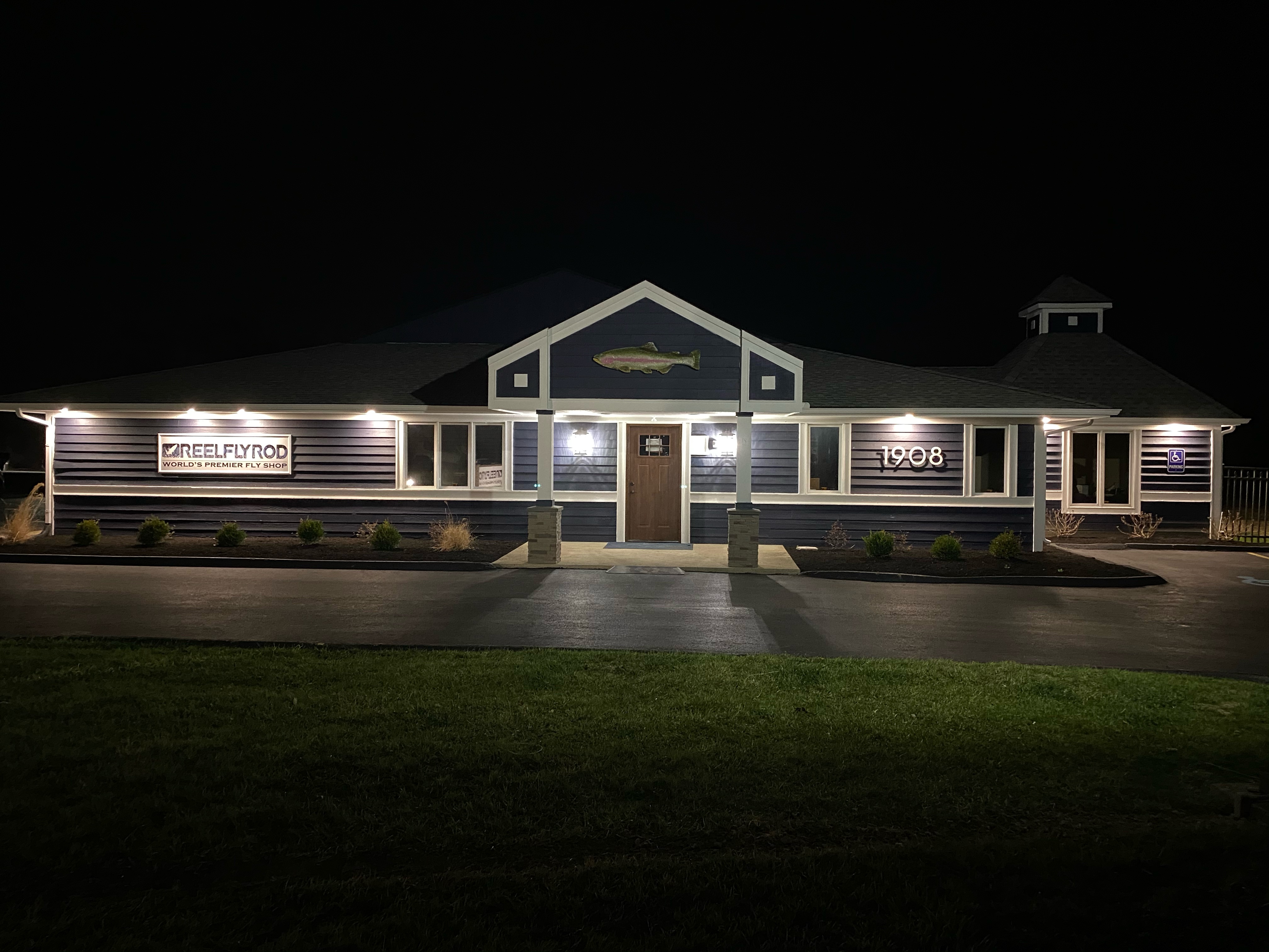 The new shop at night with finished exterior and new lighting