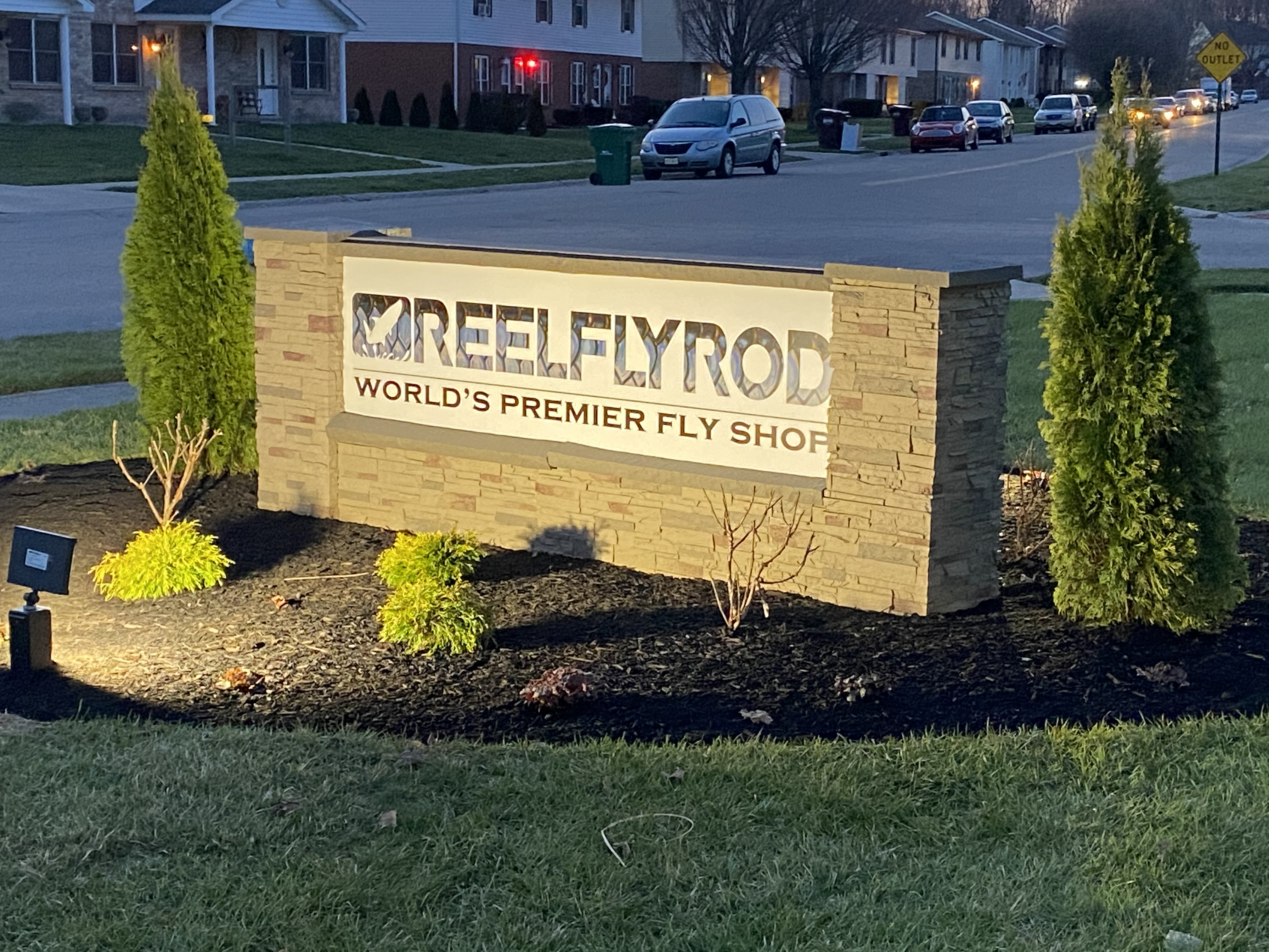 New landscaping and sign with the ReelFlyRod Logo