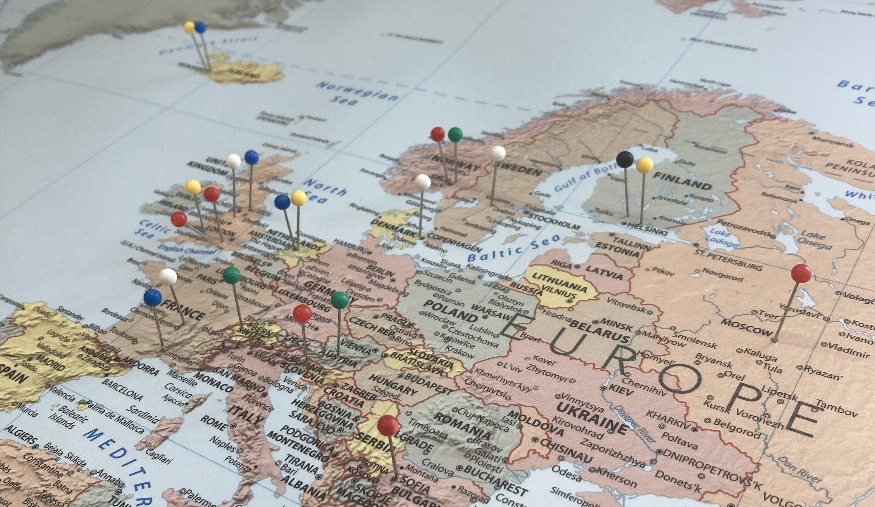 A map of Western Europe with pins showing the locations of some of our more distant customers
