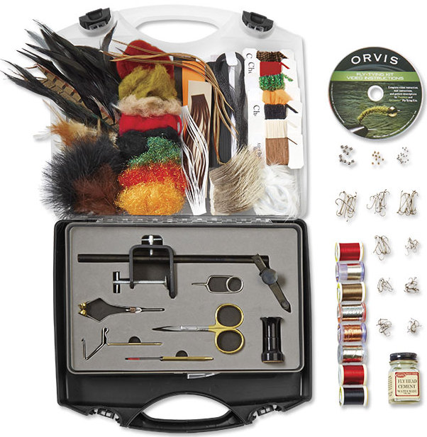 Orvis Fly tying Kit opened and with the vice, threads and Materials all on display